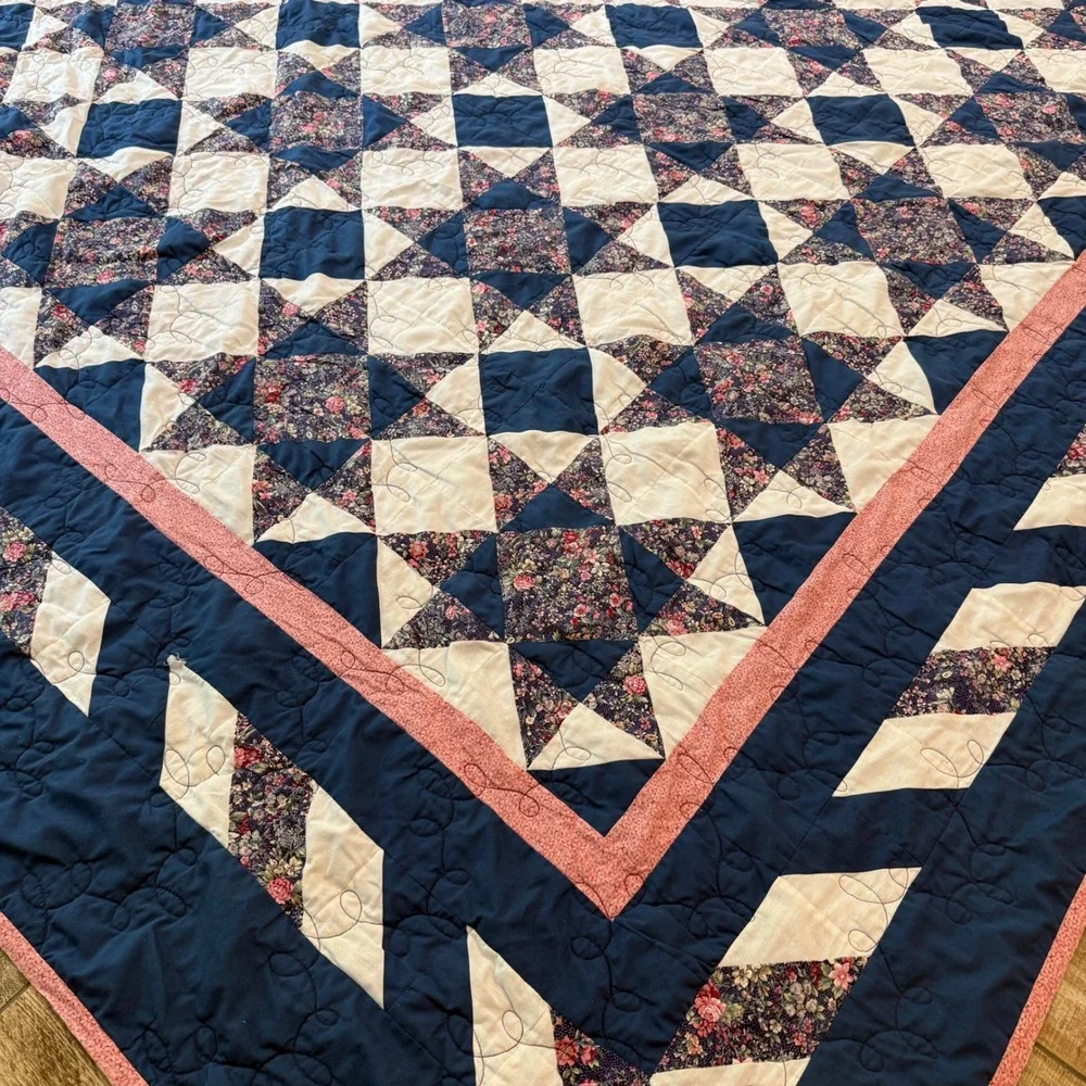 Vintage Handmade Star Patchwork Quilt Navy Pink Floral 100x101 King Queen 1999
